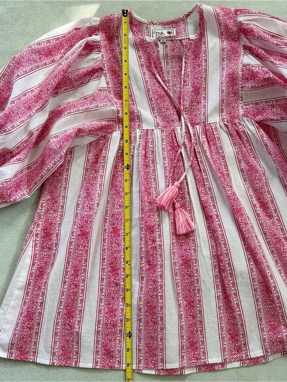 Women’s Pink Striped Tassel Peasant Blouse